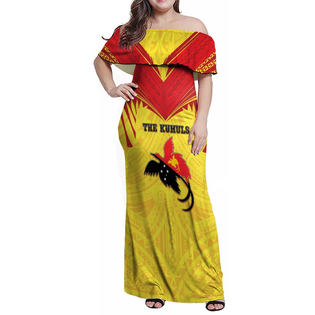 Papua New Guinea Rugby Custom Family Matching Off Shoulder Maxi Dress and Hawaiian Shirt Kumuls Heritage LT05 Mom's Dress Yellow - Polynesian Pride