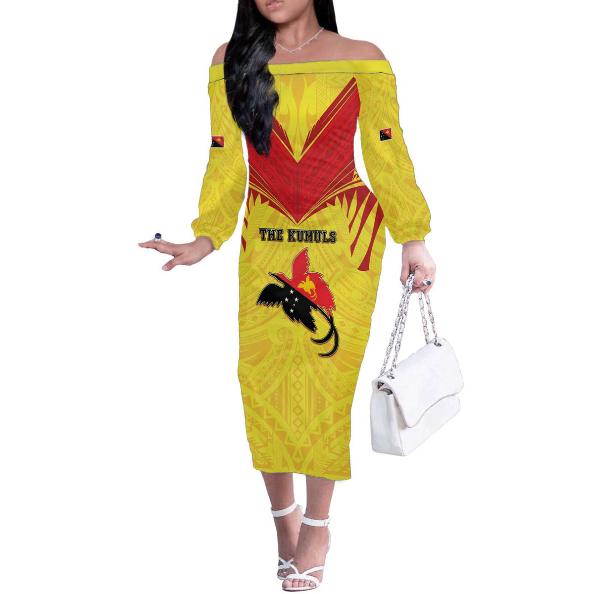 Papua New Guinea Rugby Custom Off The Shoulder Long Sleeve Dress Kumuls Heritage