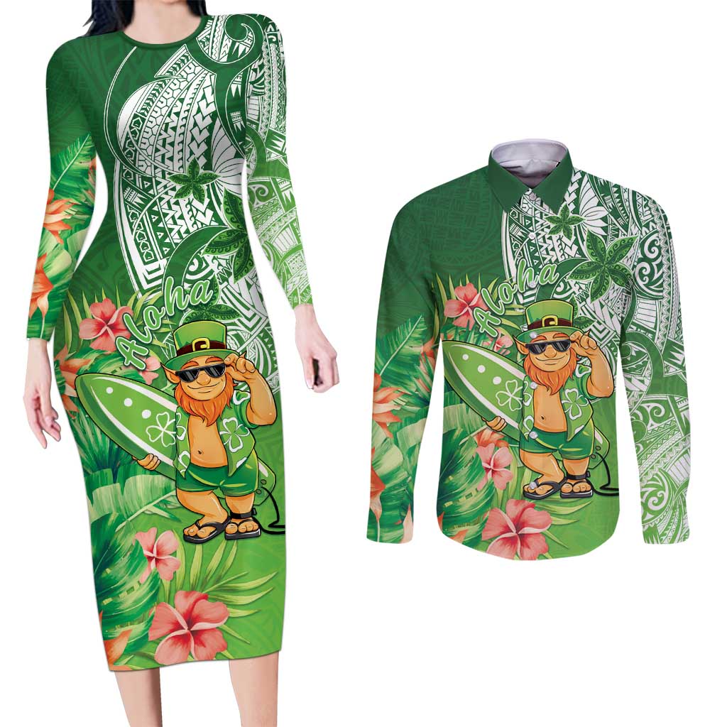 Aloha Hawaii St Patrick's Day Couples Matching Long Sleeve Bodycon Dress and Long Sleeve Button Shirt Polynesian Style