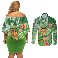Aloha Hawaii St Patrick's Day Couples Matching Off Shoulder Short Dress and Long Sleeve Button Shirt Polynesian Style
