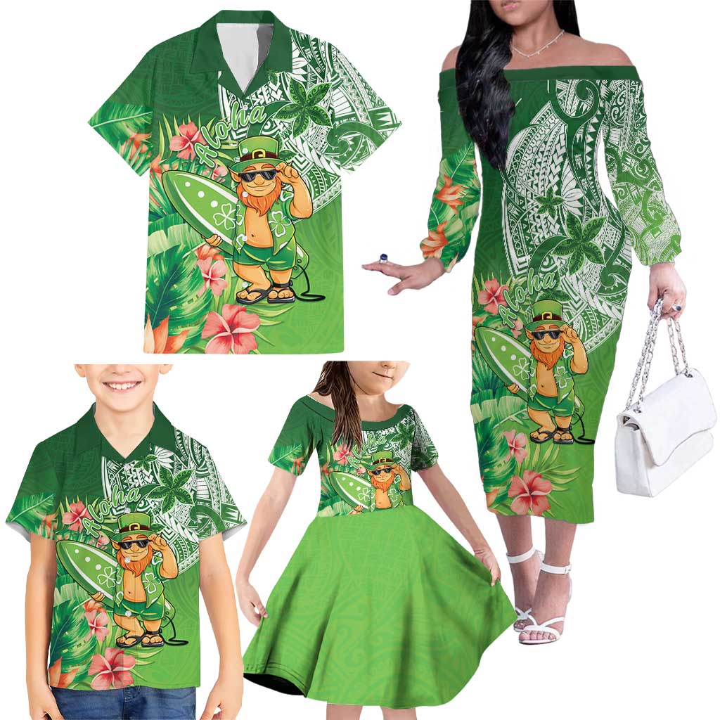 Aloha Hawaii St Patrick's Day Family Matching Off The Shoulder Long Sleeve Dress and Hawaiian Shirt Polynesian Style