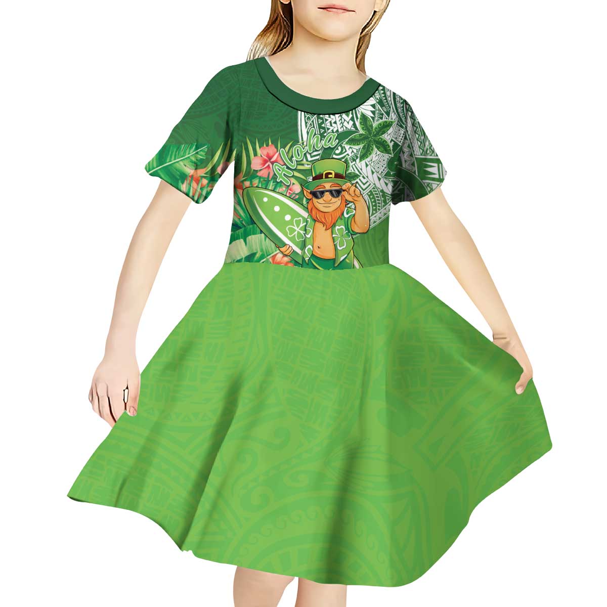 Aloha Hawaii St Patrick's Day Kid Short Sleeve Dress Polynesian Style