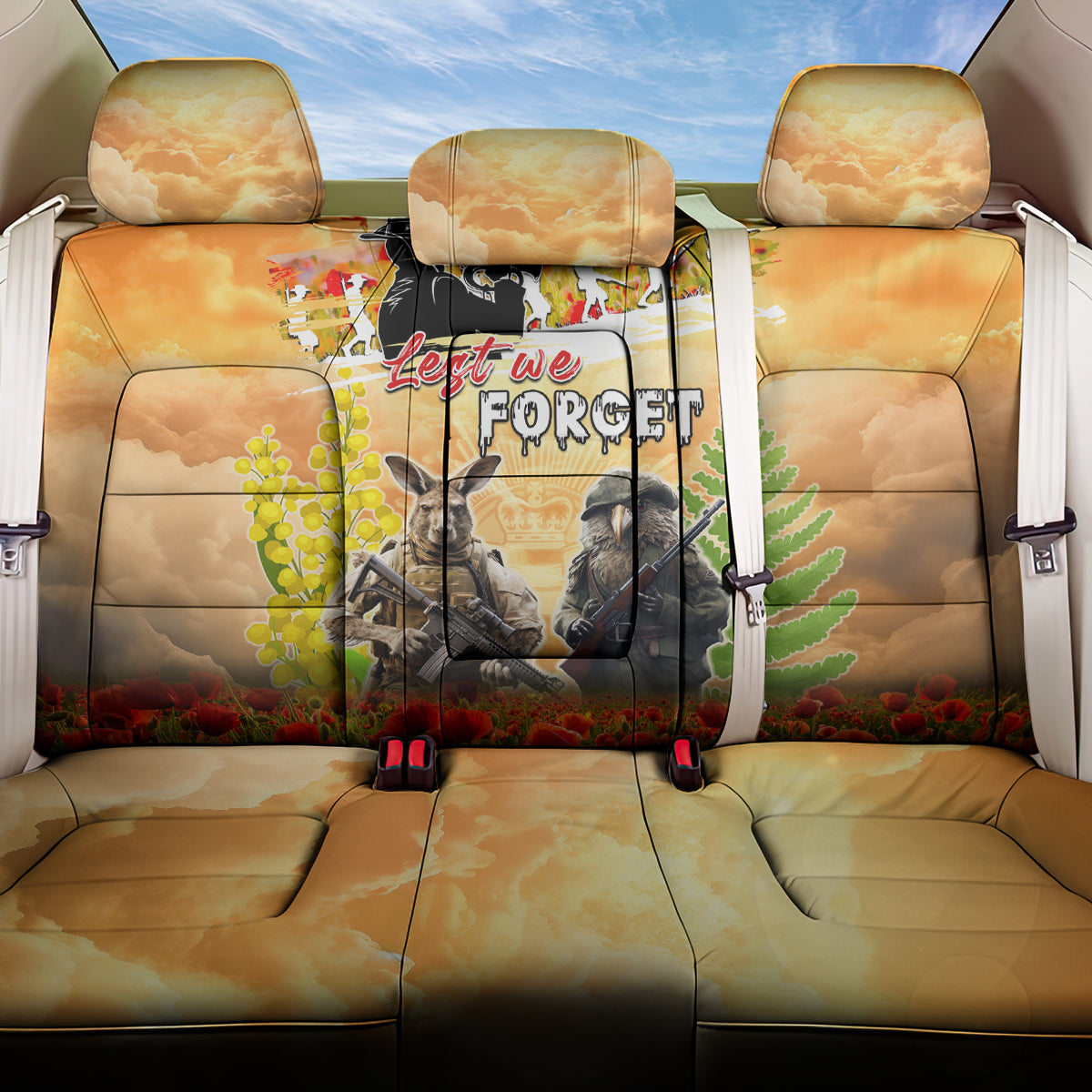 Australia And New Zealand ANZAC Day Back Car Seat Cover Kangaroo And Kiwi Bird Soldiers Lest We Forget LT05 One Size Yellow - Polynesian Pride