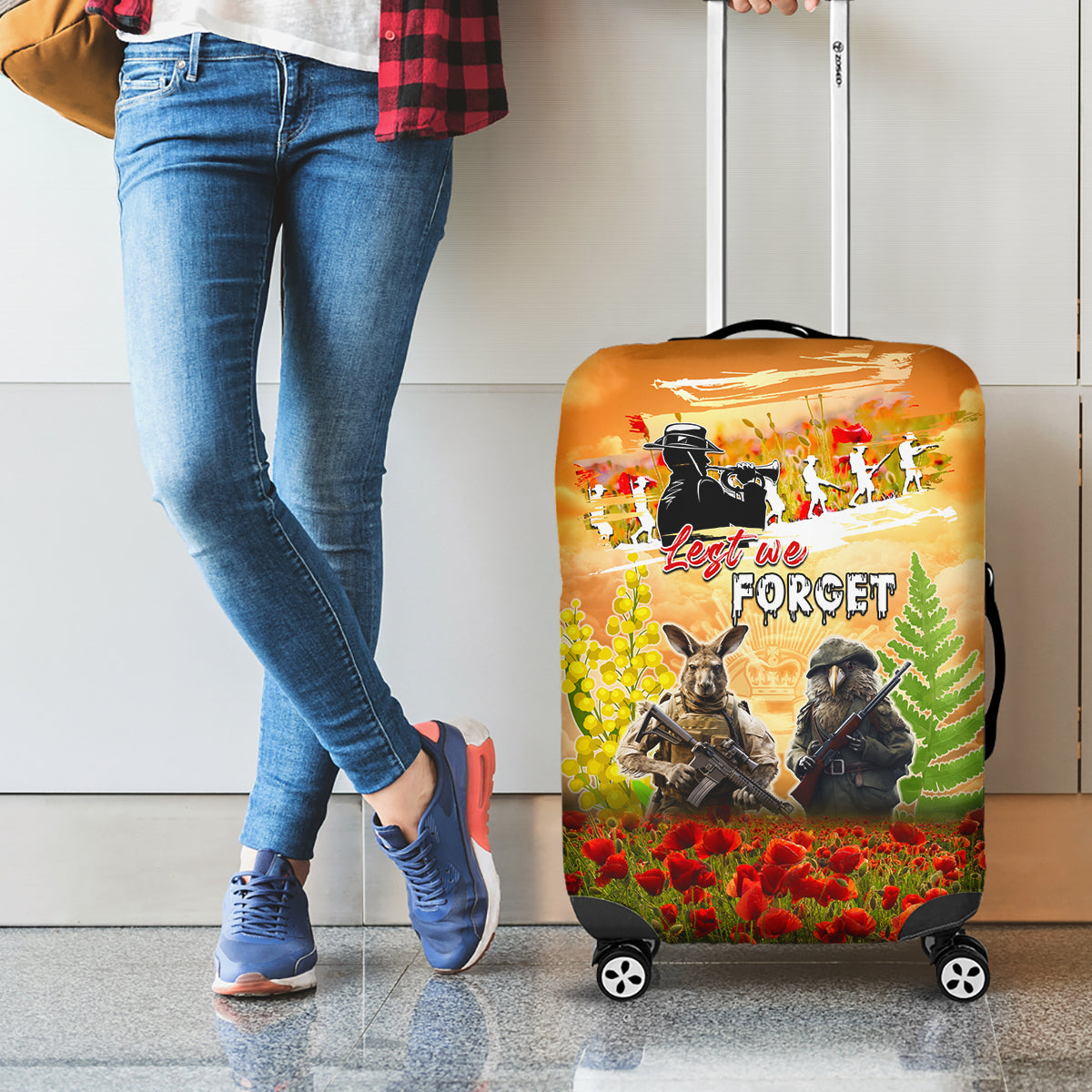 Australia And New Zealand ANZAC Day Luggage Cover Kangaroo And Kiwi Bird Soldiers Lest We Forget LT05 - Polynesian Pride