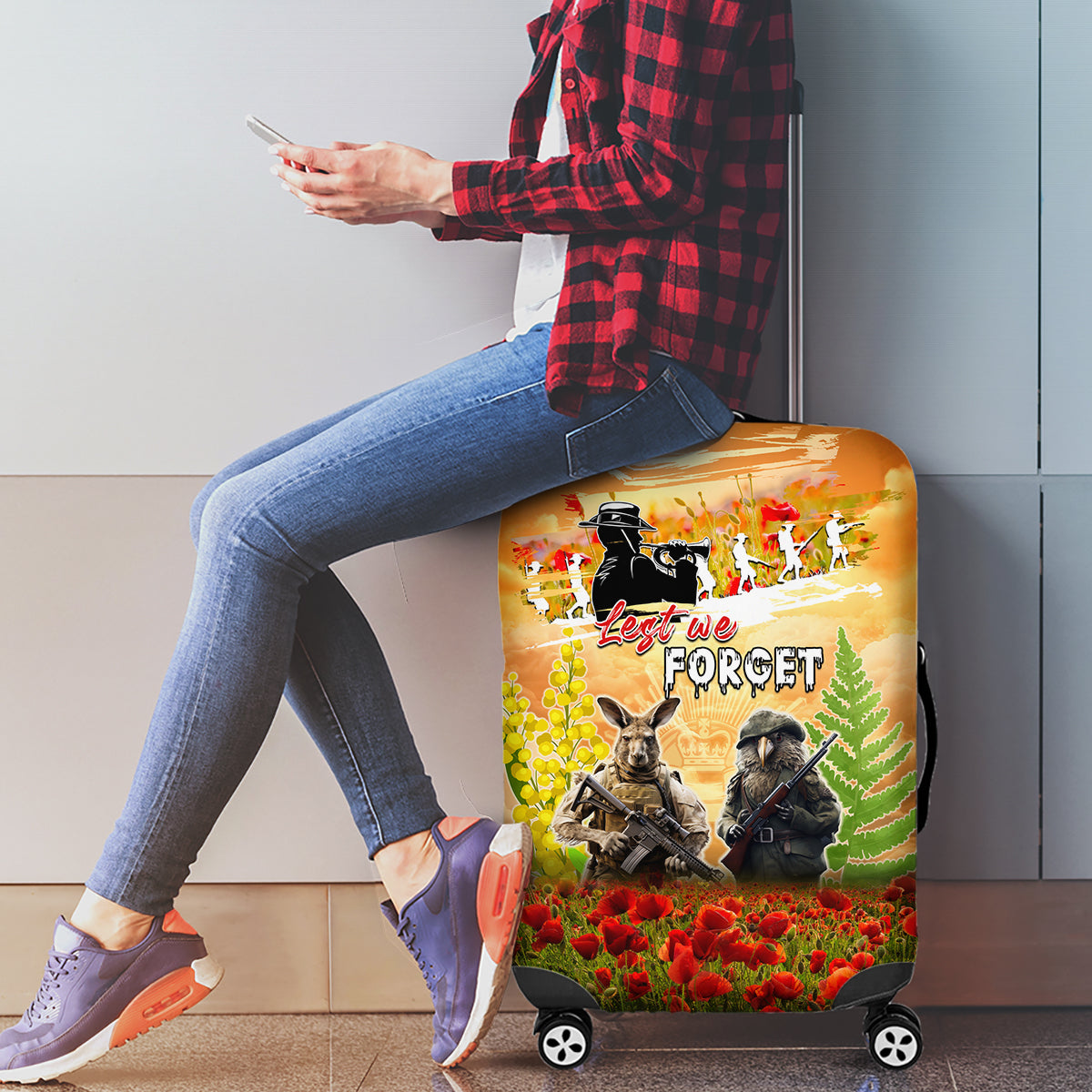 Australia And New Zealand ANZAC Day Luggage Cover Kangaroo And Kiwi Bird Soldiers Lest We Forget LT05 - Polynesian Pride
