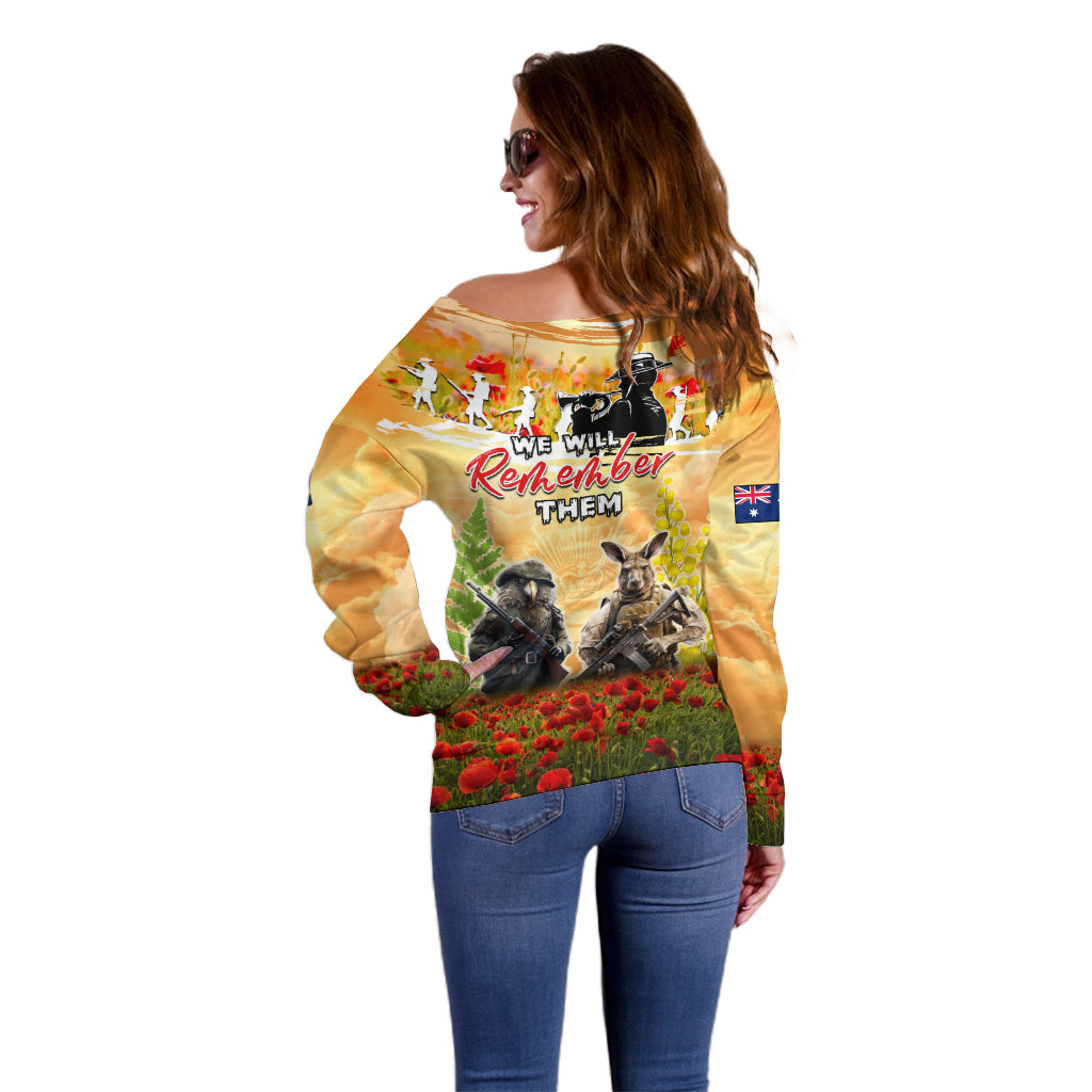 Australia And New Zealand ANZAC Day Off Shoulder Sweater Kangaroo And Kiwi Bird Soldiers Lest We Forget LT05 - Polynesian Pride
