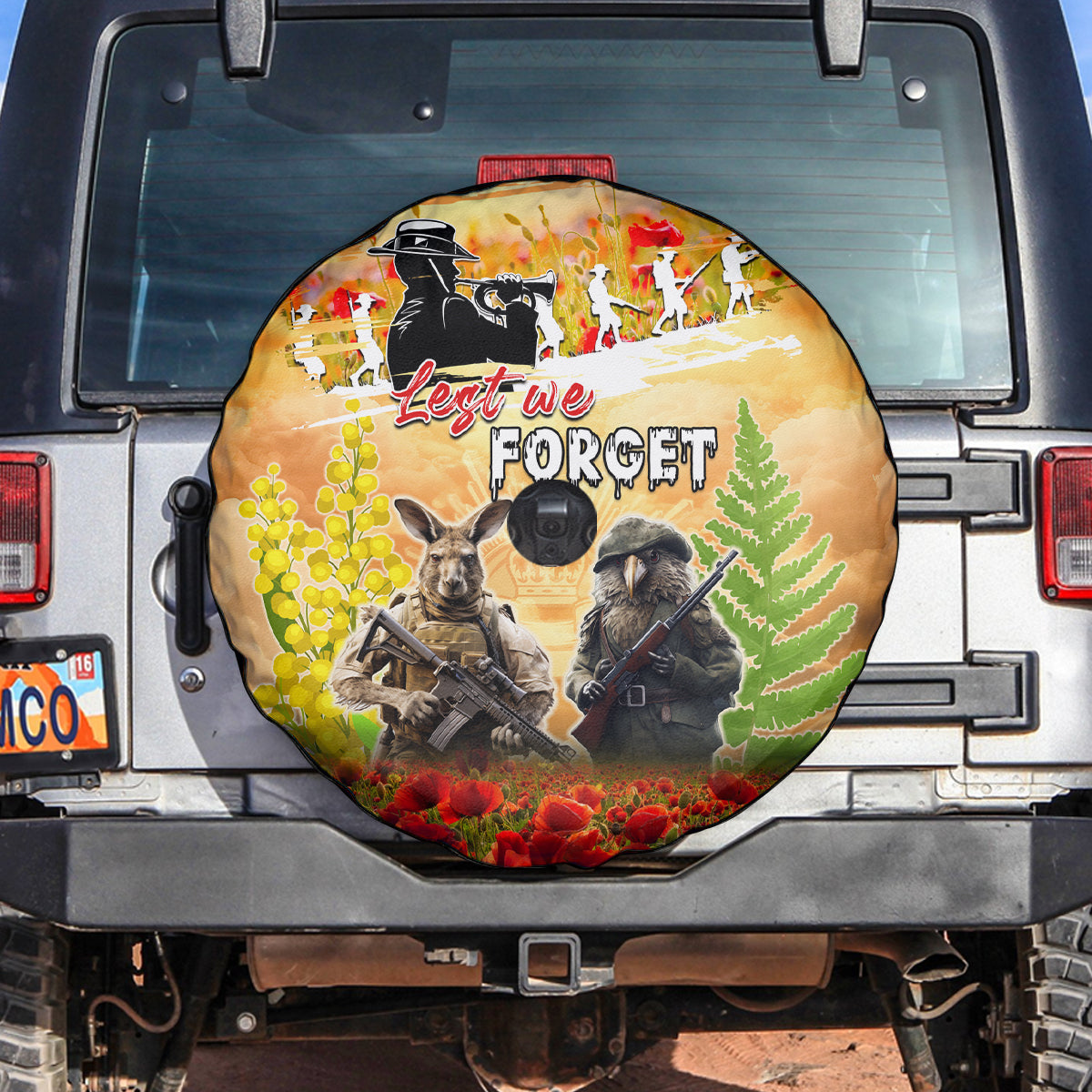 Australia And New Zealand ANZAC Day Spare Tire Cover Kangaroo And Kiwi Bird Soldiers Lest We Forget LT05 Yellow - Polynesian Pride