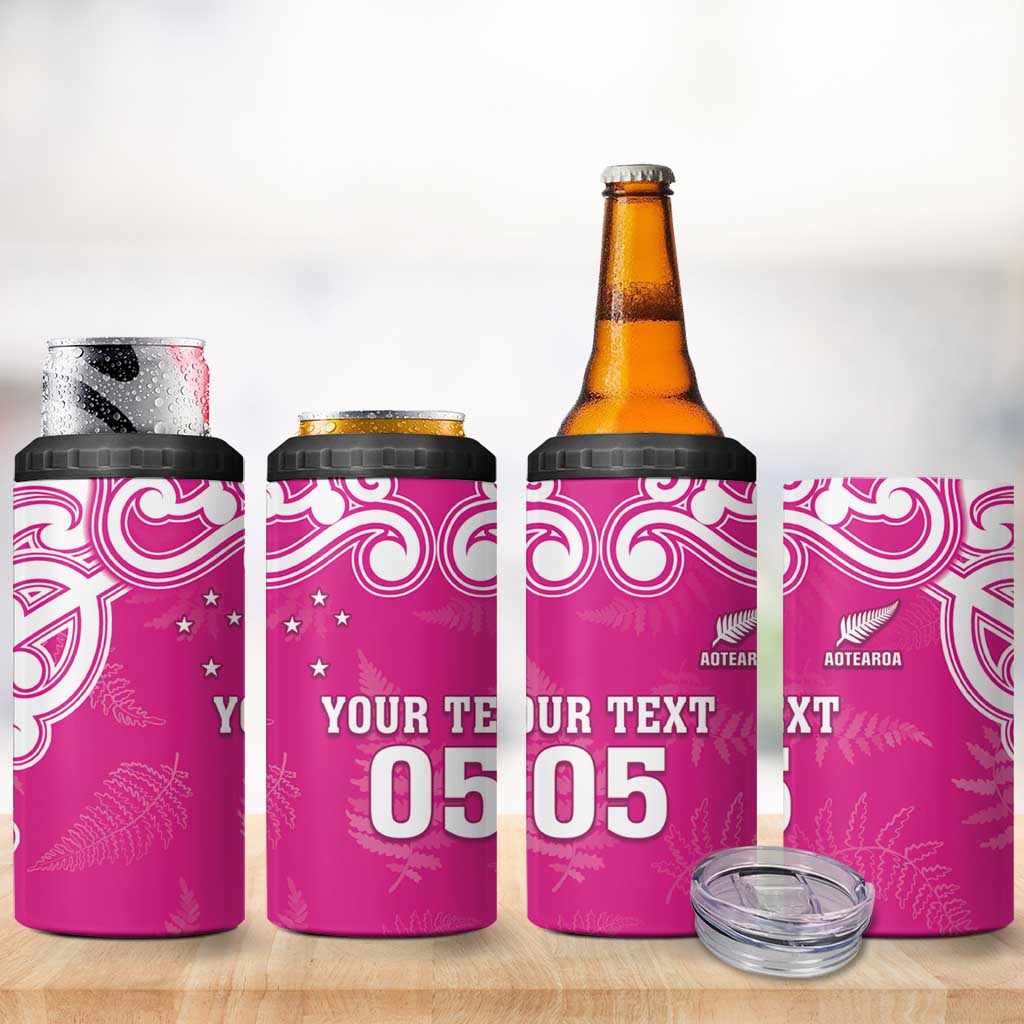 New Zealand Fern Women Rugby Custom 4 in 1 Can Cooler Tumbler Pink Maori Pattern