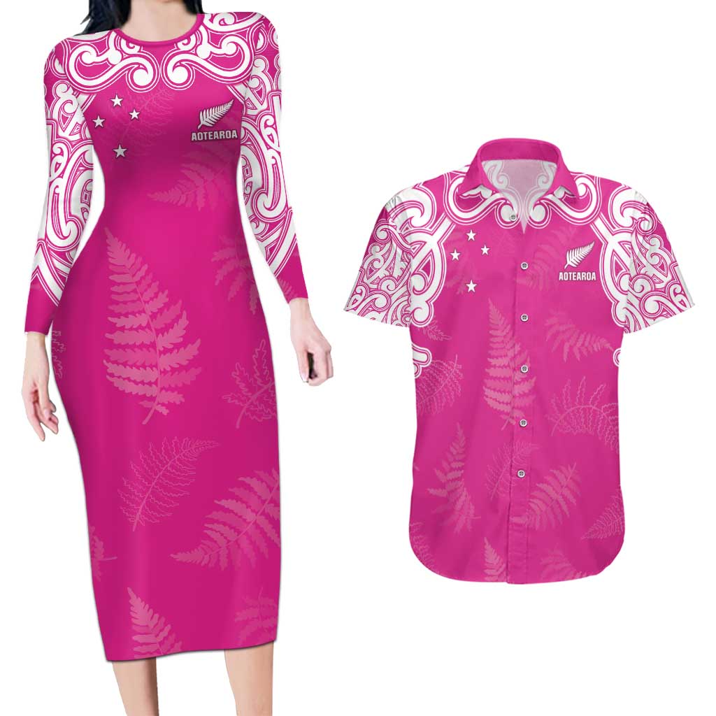 New Zealand Fern Women Rugby Custom Couples Matching Long Sleeve Bodycon Dress and Hawaiian Shirt Pink Maori Pattern