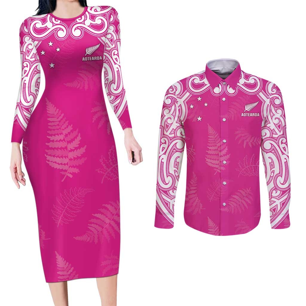 New Zealand Fern Women Rugby Custom Couples Matching Long Sleeve Bodycon Dress and Long Sleeve Button Shirt Pink Maori Pattern LT05 Pink - Polynesian Pride
