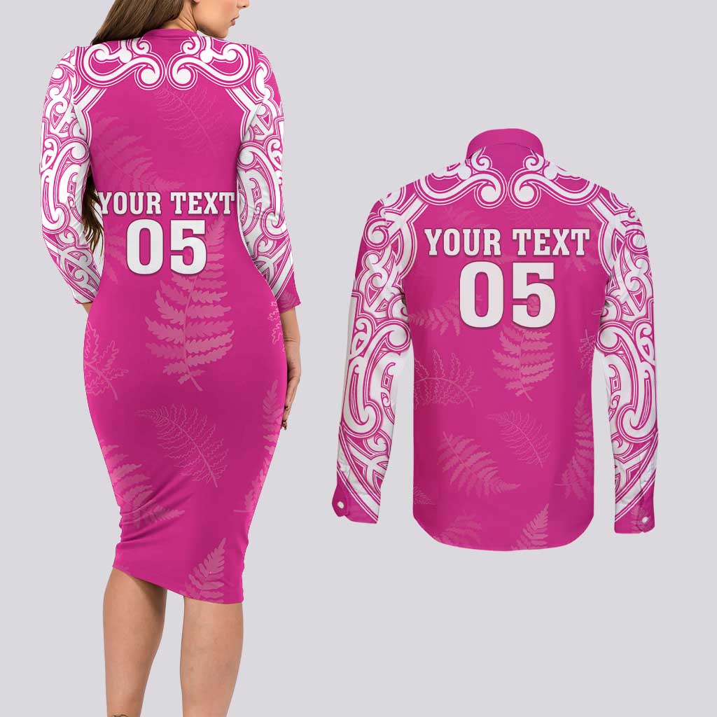 New Zealand Fern Women Rugby Custom Couples Matching Long Sleeve Bodycon Dress and Long Sleeve Button Shirt Pink Maori Pattern LT05 - Polynesian Pride