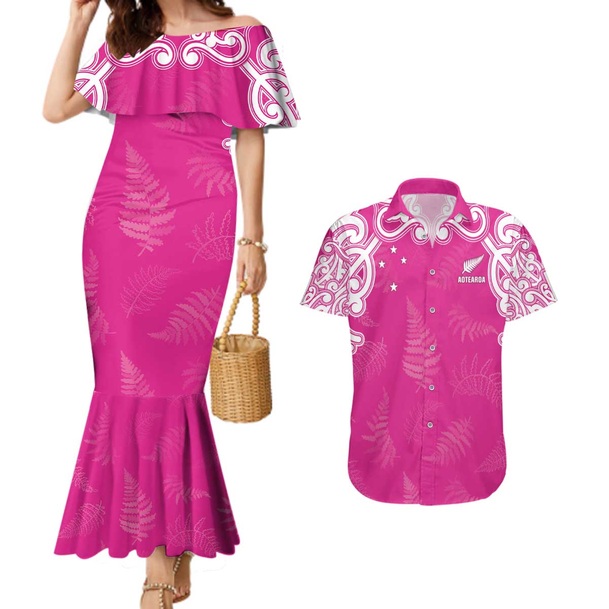 New Zealand Fern Women Rugby Custom Couples Matching Mermaid Dress and Hawaiian Shirt Pink Maori Pattern
