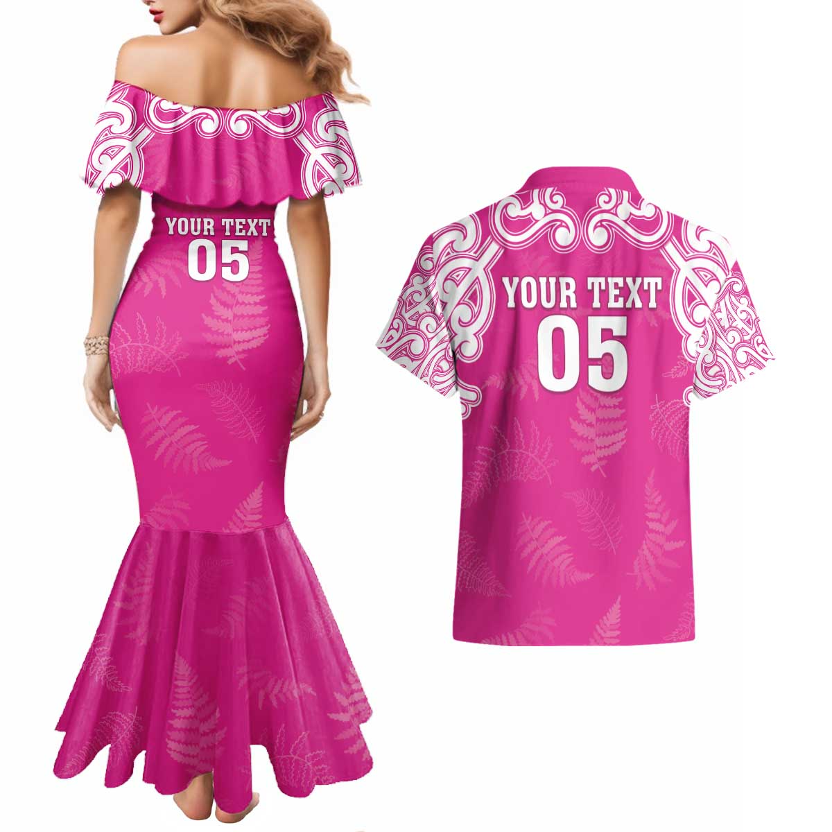 New Zealand Fern Women Rugby Custom Couples Matching Mermaid Dress and Hawaiian Shirt Pink Maori Pattern LT05 - Polynesian Pride