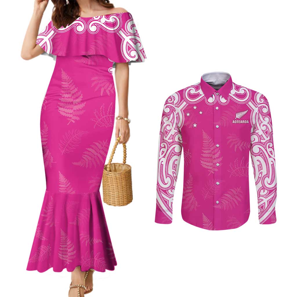 New Zealand Fern Women Rugby Custom Couples Matching Mermaid Dress and Long Sleeve Button Shirt Pink Maori Pattern LT05 Pink - Polynesian Pride