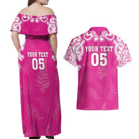 New Zealand Fern Women Rugby Custom Couples Matching Off Shoulder Maxi Dress and Hawaiian Shirt Pink Maori Pattern LT05 - Polynesian Pride