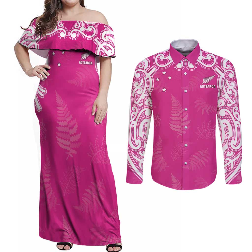 New Zealand Fern Women Rugby Custom Couples Matching Off Shoulder Maxi Dress and Long Sleeve Button Shirt Pink Maori Pattern LT05 Pink - Polynesian Pride
