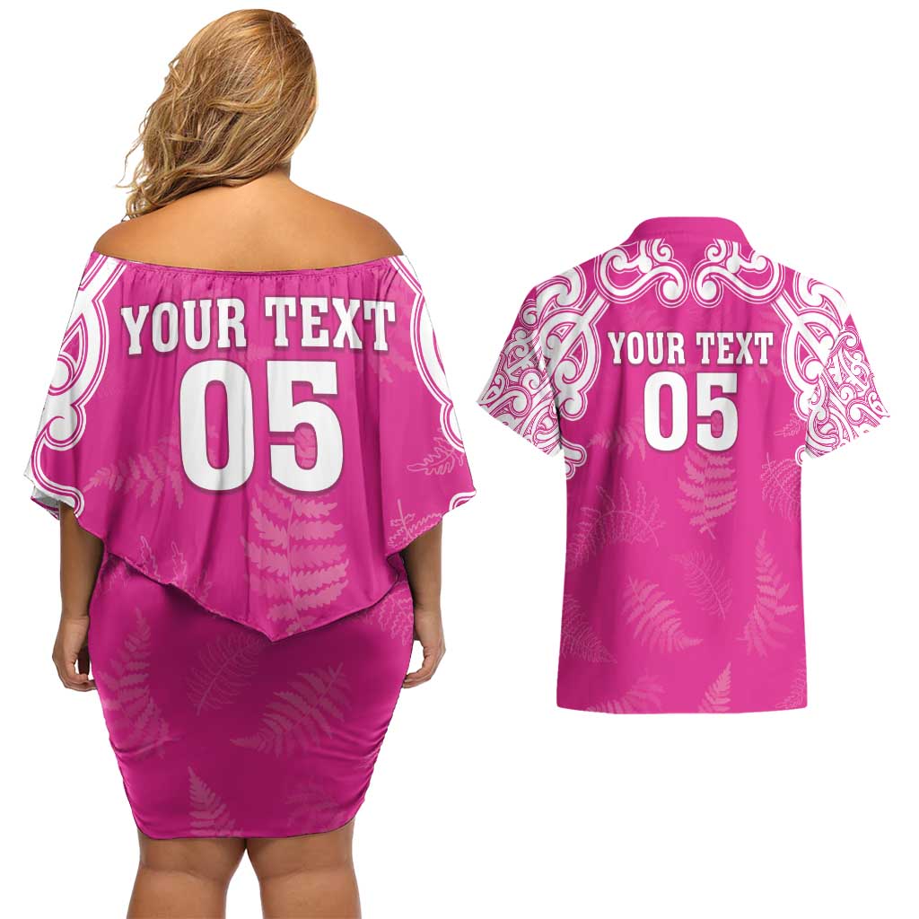 New Zealand Fern Women Rugby Custom Couples Matching Off Shoulder Short Dress and Hawaiian Shirt Pink Maori Pattern LT05 - Polynesian Pride