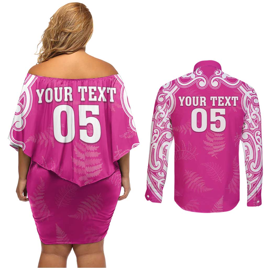 New Zealand Fern Women Rugby Custom Couples Matching Off Shoulder Short Dress and Long Sleeve Button Shirt Pink Maori Pattern LT05 - Polynesian Pride