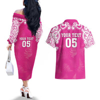 New Zealand Fern Women Rugby Custom Couples Matching Off The Shoulder Long Sleeve Dress and Hawaiian Shirt Pink Maori Pattern LT05 - Polynesian Pride