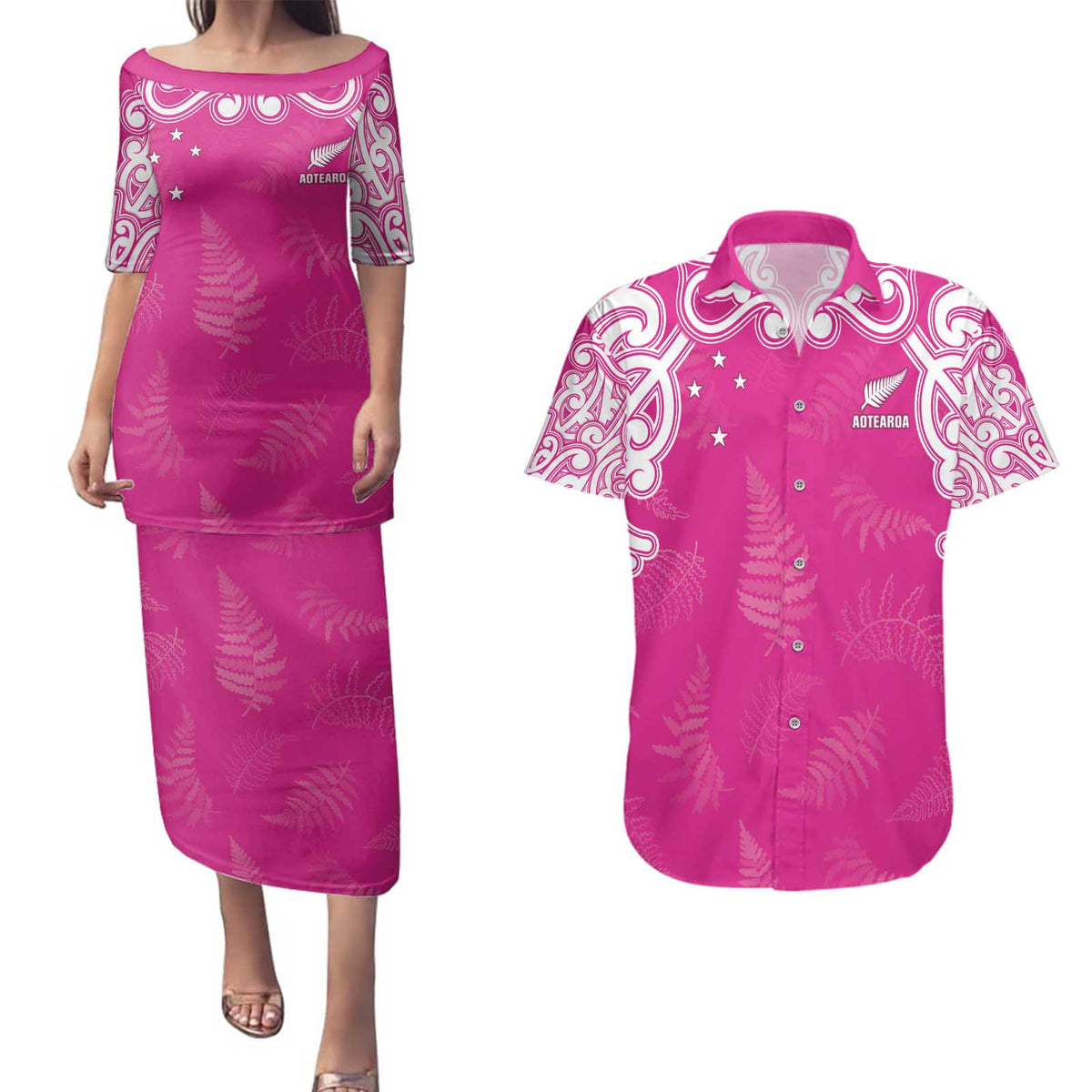 New Zealand Fern Women Rugby Custom Couples Matching Puletasi and Hawaiian Shirt Pink Maori Pattern LT05 Pink - Polynesian Pride