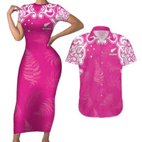 New Zealand Fern Women Rugby Custom Couples Matching Short Sleeve Bodycon Dress and Hawaiian Shirt Pink Maori Pattern LT05 Pink - Polynesian Pride