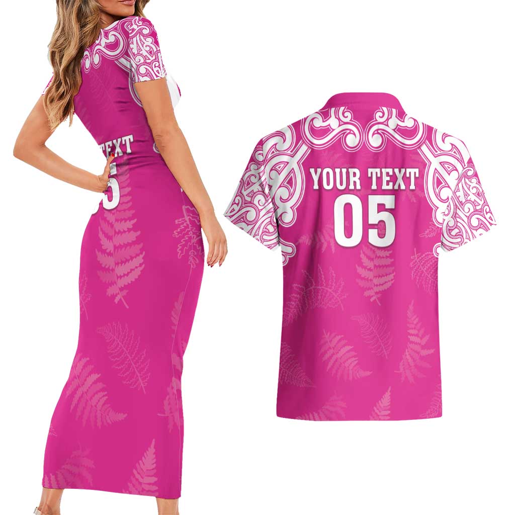 New Zealand Fern Women Rugby Custom Couples Matching Short Sleeve Bodycon Dress and Hawaiian Shirt Pink Maori Pattern LT05 - Polynesian Pride