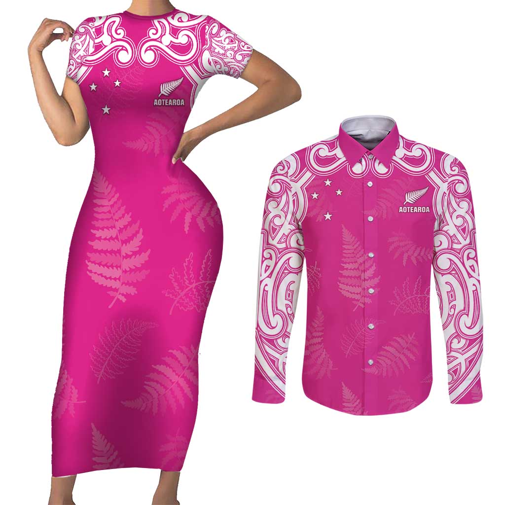 New Zealand Fern Women Rugby Custom Couples Matching Short Sleeve Bodycon Dress and Long Sleeve Button Shirt Pink Maori Pattern LT05 Pink - Polynesian Pride