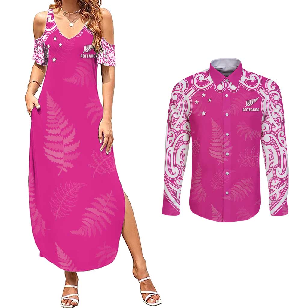 New Zealand Fern Women Rugby Custom Couples Matching Summer Maxi Dress and Long Sleeve Button Shirt Pink Maori Pattern LT05 Pink - Polynesian Pride