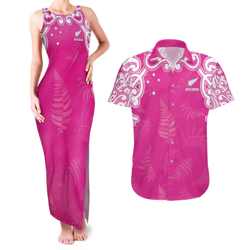 New Zealand Fern Women Rugby Custom Couples Matching Tank Maxi Dress and Hawaiian Shirt Pink Maori Pattern LT05 Pink - Polynesian Pride