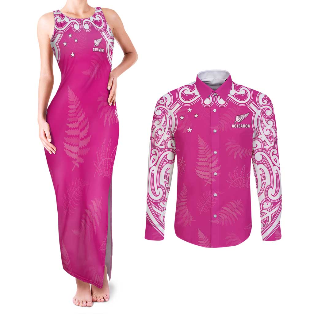 New Zealand Fern Women Rugby Custom Couples Matching Tank Maxi Dress and Long Sleeve Button Shirt Pink Maori Pattern LT05 Pink - Polynesian Pride