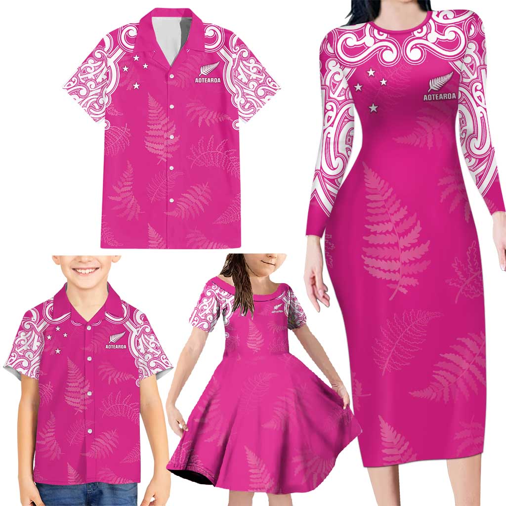 New Zealand Fern Women Rugby Custom Family Matching Long Sleeve Bodycon Dress and Hawaiian Shirt Pink Maori Pattern LT05 - Polynesian Pride
