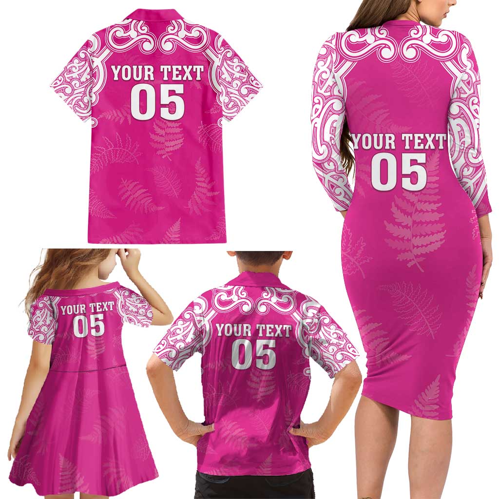 New Zealand Fern Women Rugby Custom Family Matching Long Sleeve Bodycon Dress and Hawaiian Shirt Pink Maori Pattern LT05 - Polynesian Pride