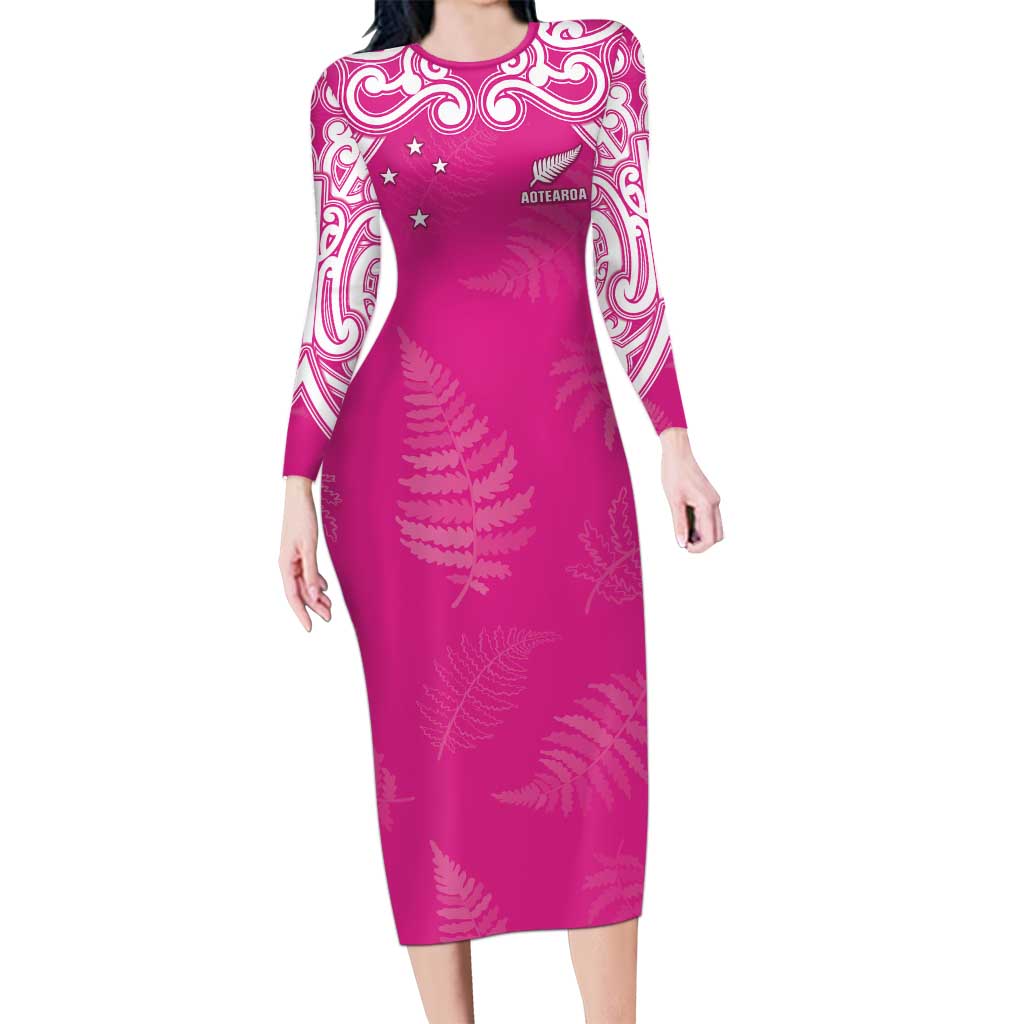 New Zealand Fern Women Rugby Custom Family Matching Long Sleeve Bodycon Dress and Hawaiian Shirt Pink Maori Pattern LT05 Mom's Dress Pink - Polynesian Pride