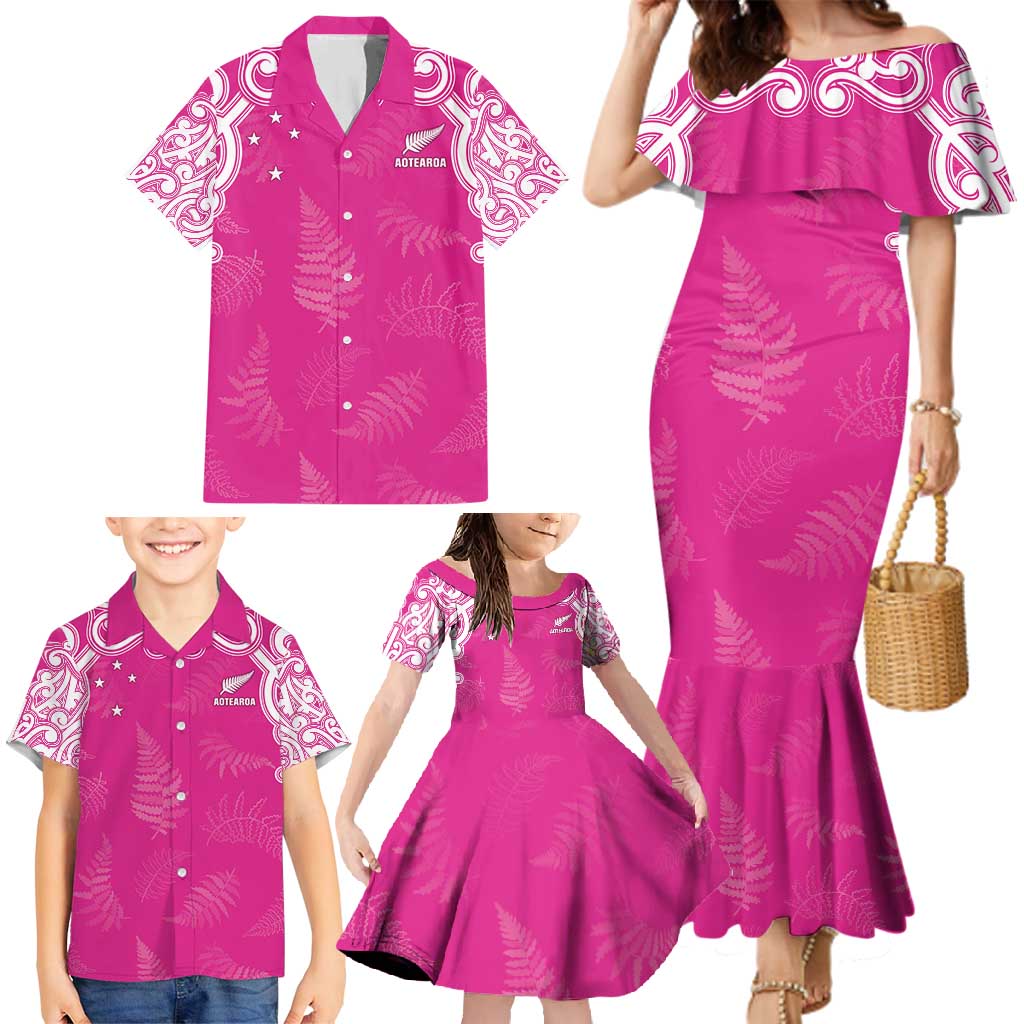 New Zealand Fern Women Rugby Custom Family Matching Mermaid Dress and Hawaiian Shirt Pink Maori Pattern