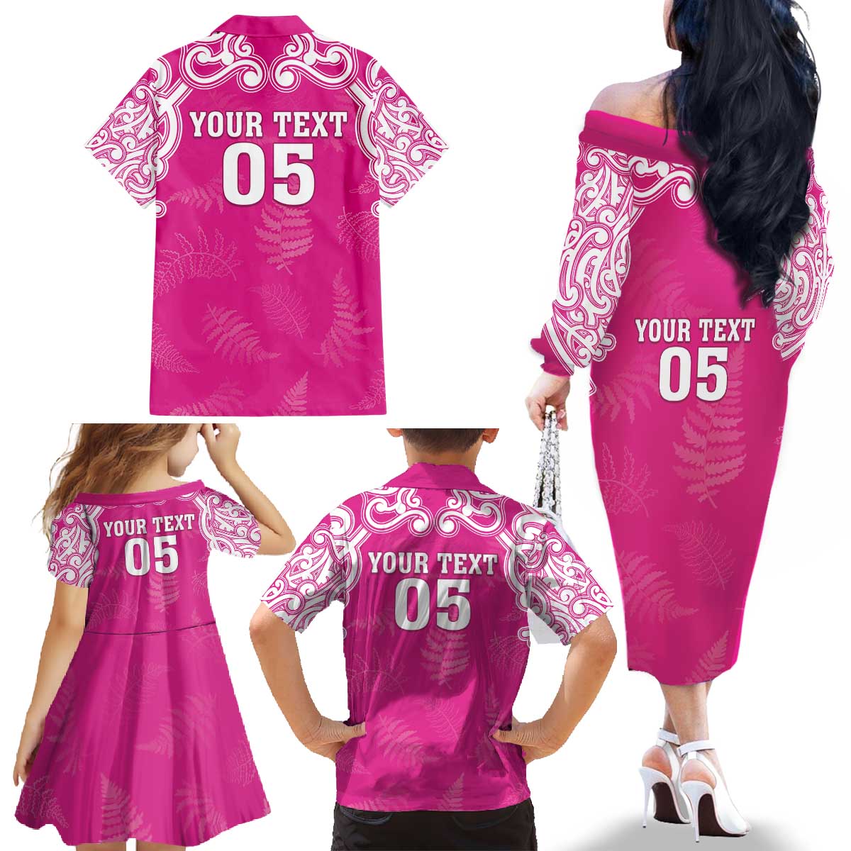 New Zealand Fern Women Rugby Custom Family Matching Off The Shoulder Long Sleeve Dress and Hawaiian Shirt Pink Maori Pattern LT05 - Polynesian Pride