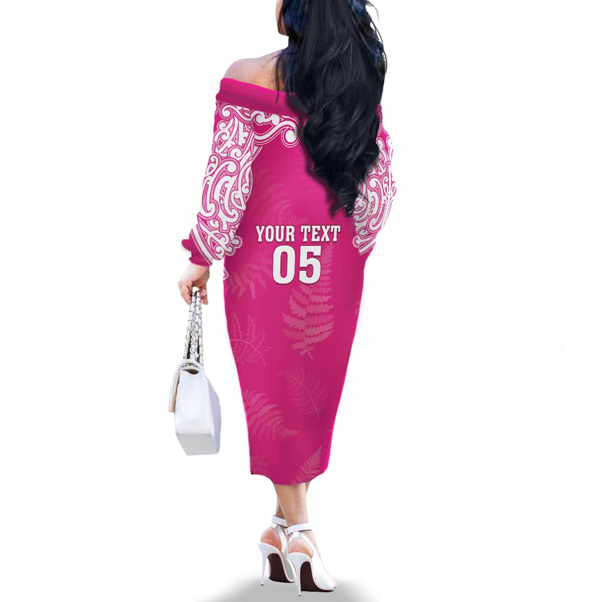 New Zealand Fern Women Rugby Custom Family Matching Off The Shoulder Long Sleeve Dress and Hawaiian Shirt Pink Maori Pattern LT05 - Polynesian Pride