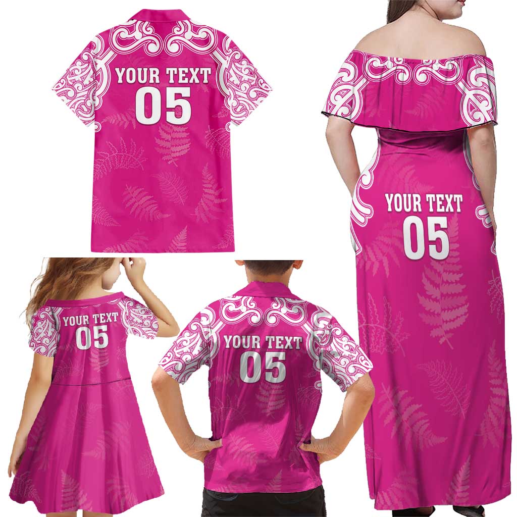 New Zealand Fern Women Rugby Custom Family Matching Off Shoulder Maxi Dress and Hawaiian Shirt Pink Maori Pattern LT05 - Polynesian Pride