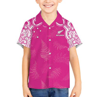 New Zealand Fern Women Rugby Custom Family Matching Off Shoulder Maxi Dress and Hawaiian Shirt Pink Maori Pattern LT05 Son's Shirt Pink - Polynesian Pride