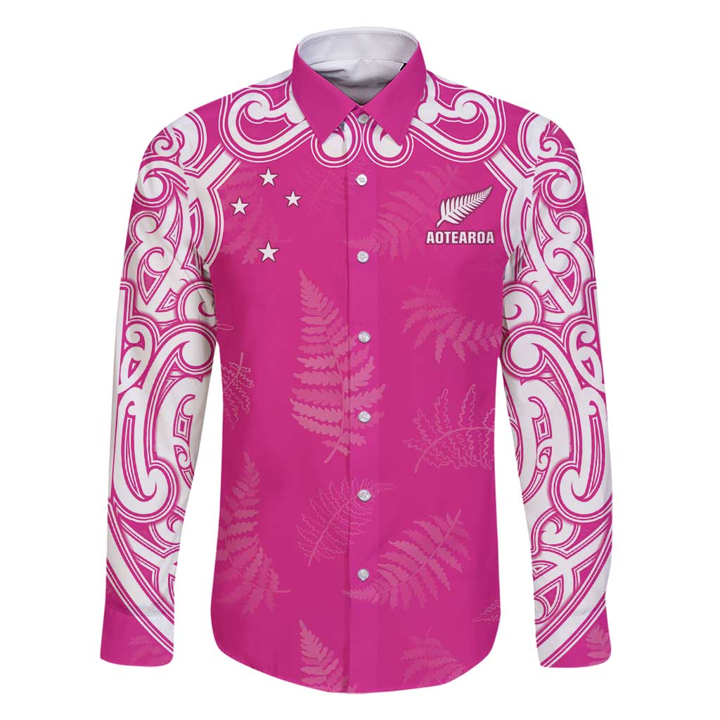 New Zealand Fern Women Rugby Custom Family Matching Off Shoulder Short Dress and Hawaiian Shirt Pink Maori Pattern LT05 Dad's Shirt - Long Sleeve Pink - Polynesian Pride