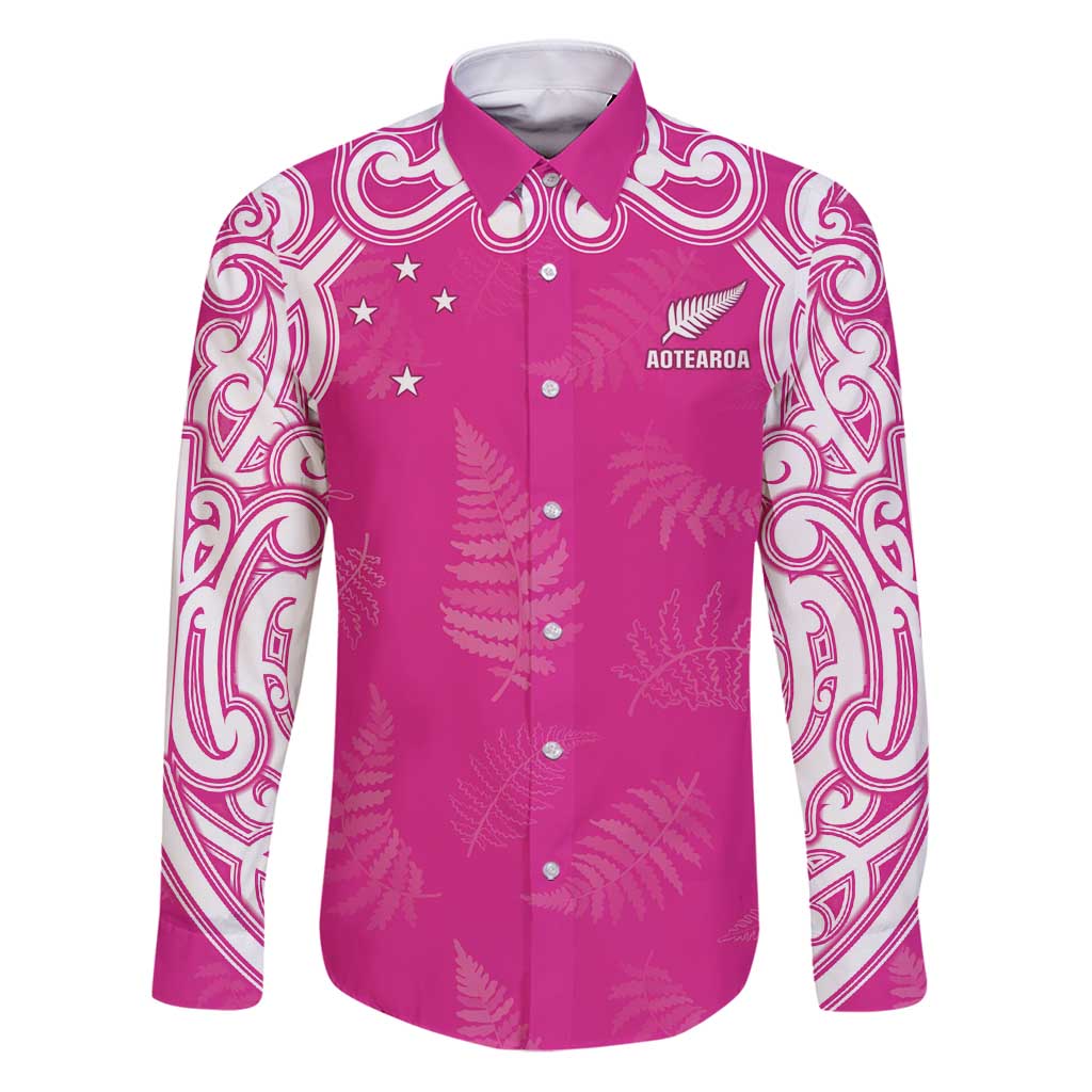 New Zealand Fern Women Rugby Custom Family Matching Puletasi and Hawaiian Shirt Pink Maori Pattern LT05 Dad's Shirt - Long Sleeve Pink - Polynesian Pride