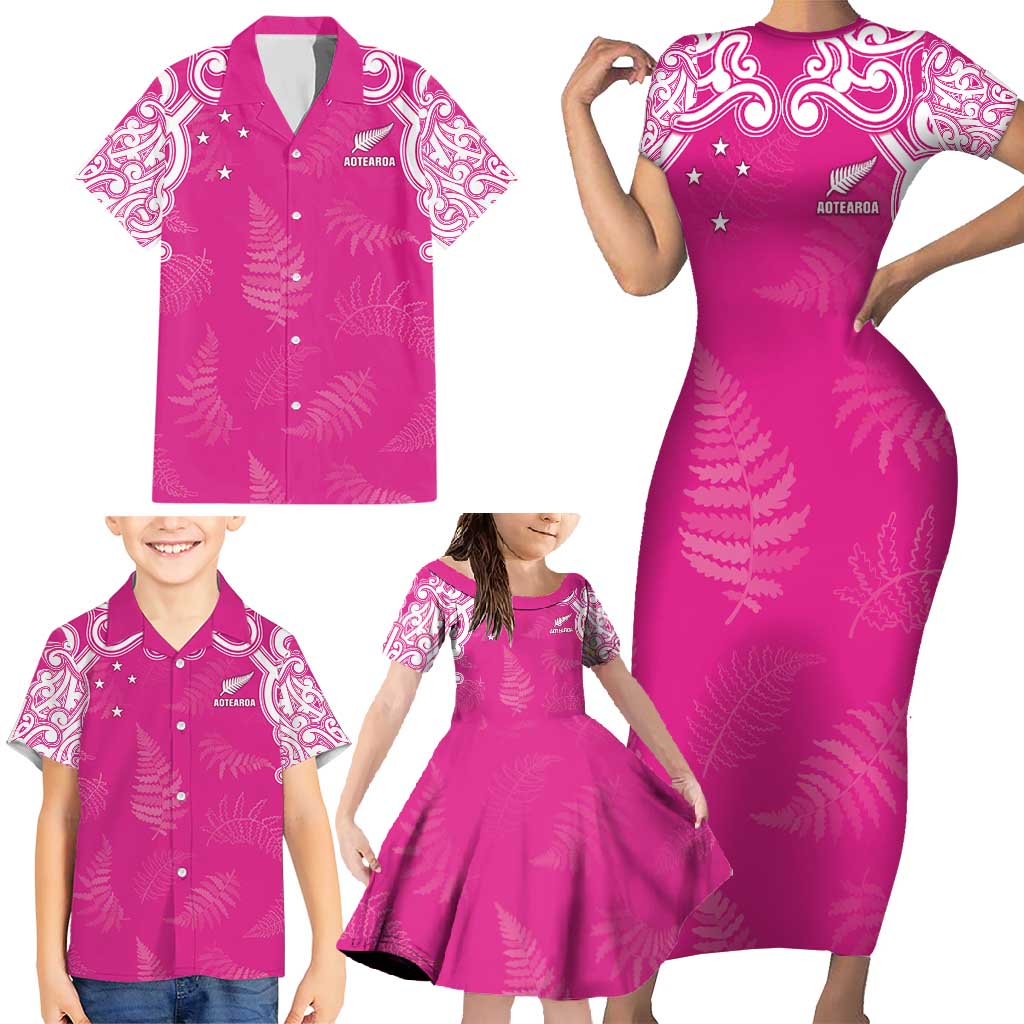 New Zealand Fern Women Rugby Custom Family Matching Short Sleeve Bodycon Dress and Hawaiian Shirt Pink Maori Pattern LT05 - Polynesian Pride