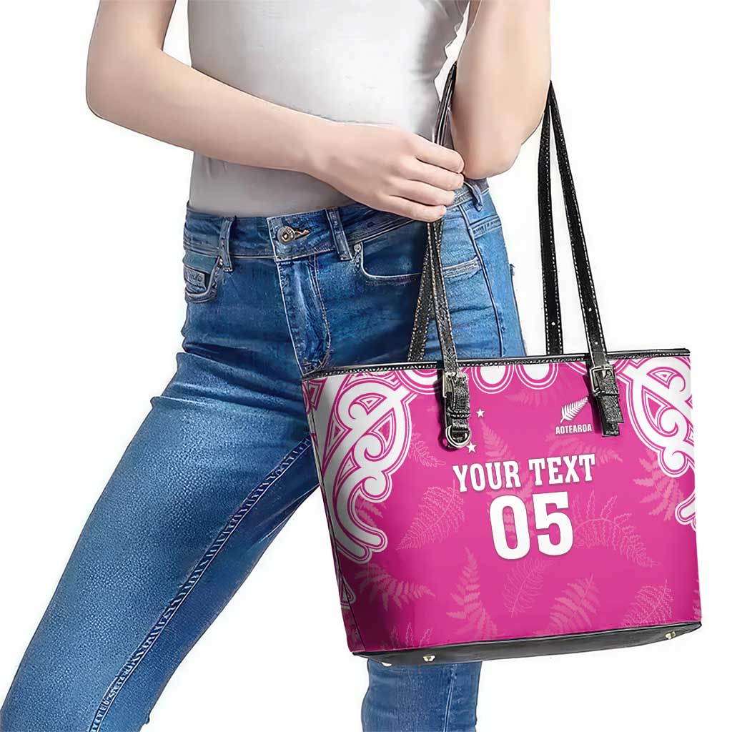 New Zealand Fern Women Rugby Custom Leather Tote Bag Pink Maori Pattern