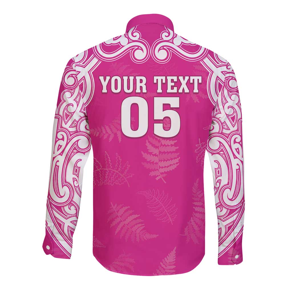 New Zealand Fern Women Rugby Custom Long Sleeve Button Shirt Pink Maori Pattern