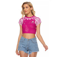 New Zealand Fern Women Rugby Custom Raglan Cropped T Shirt Pink Maori Pattern