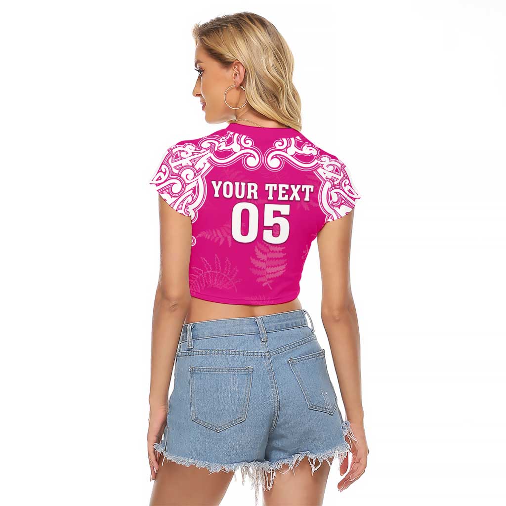 New Zealand Fern Women Rugby Custom Raglan Cropped T Shirt Pink Maori Pattern