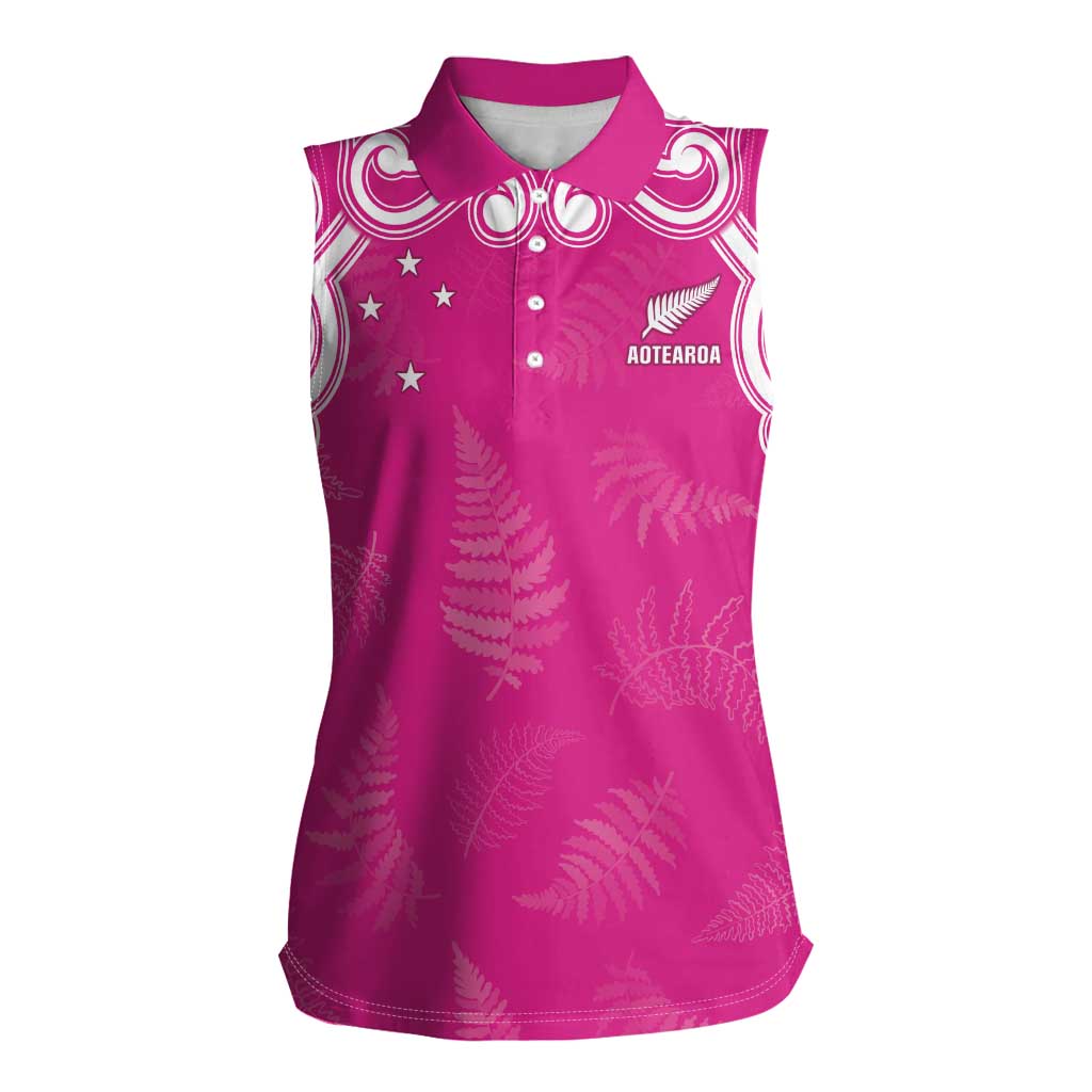 New Zealand Fern Women Rugby Custom Women Sleeveless Polo Shirt Pink Maori Pattern LT05 Female Pink - Polynesian Pride