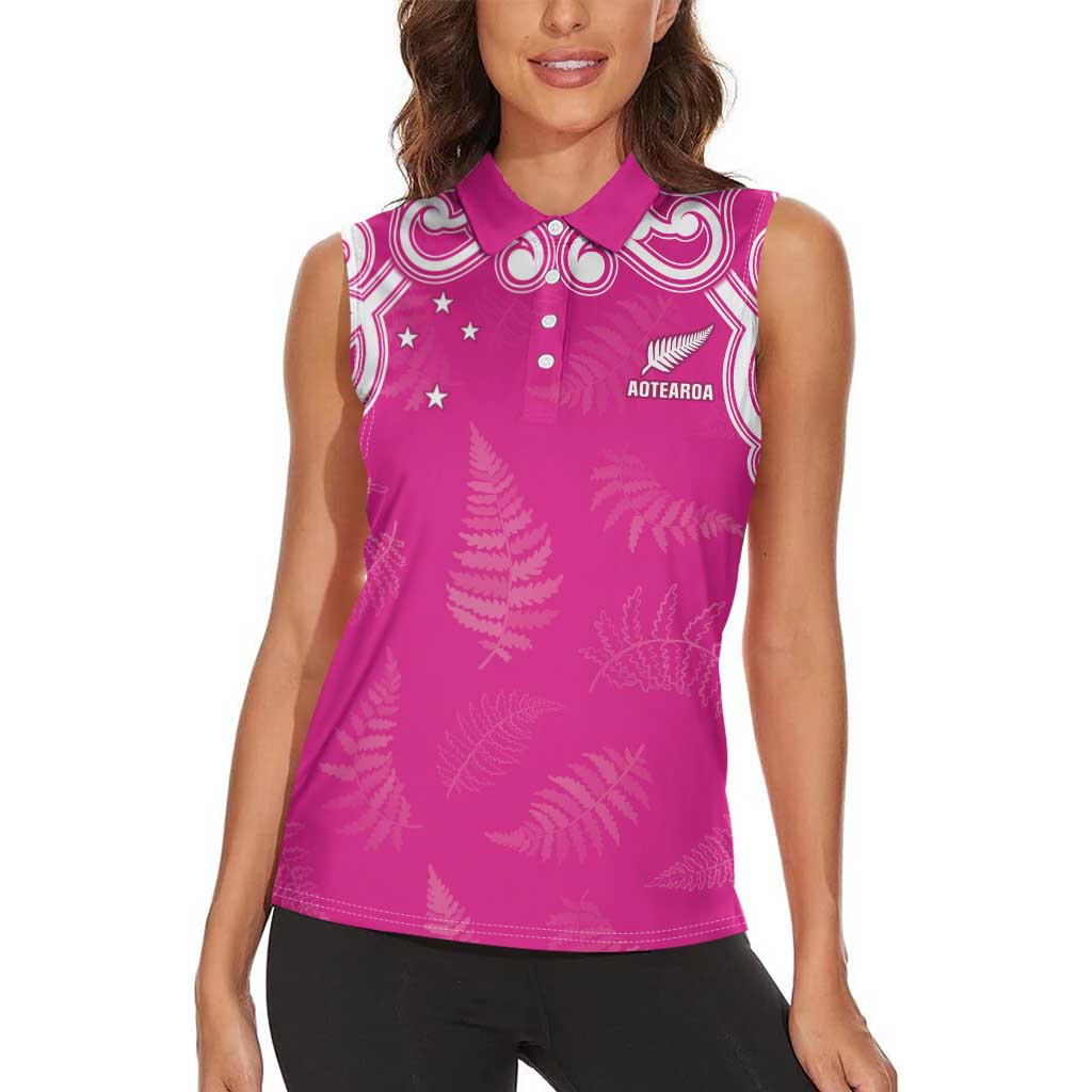 New Zealand Fern Women Rugby Custom Women Sleeveless Polo Shirt Pink Maori Pattern LT05 - Polynesian Pride