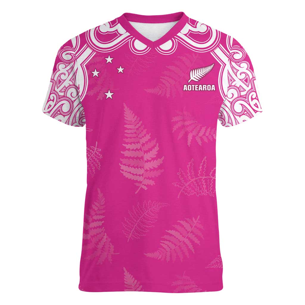 New Zealand Fern Women Rugby Custom Women V-Neck T-Shirt Pink Maori Pattern LT05 Female Pink - Polynesian Pride