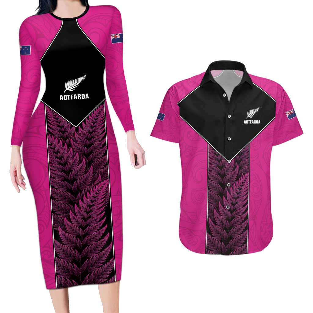 New Zealand Fern Rugby Custom Couples Matching Long Sleeve Bodycon Dress and Hawaiian Shirt Pink Maori Pattern LT05 Pink - Polynesian Pride