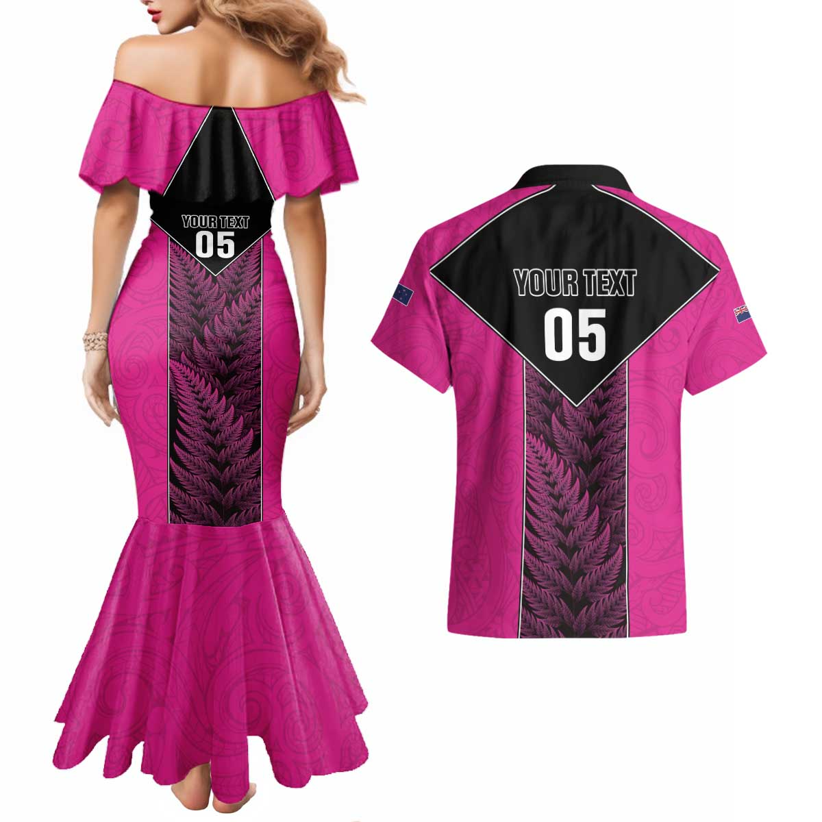 New Zealand Fern Rugby Custom Couples Matching Mermaid Dress and Hawaiian Shirt Pink Maori Pattern LT05 - Polynesian Pride